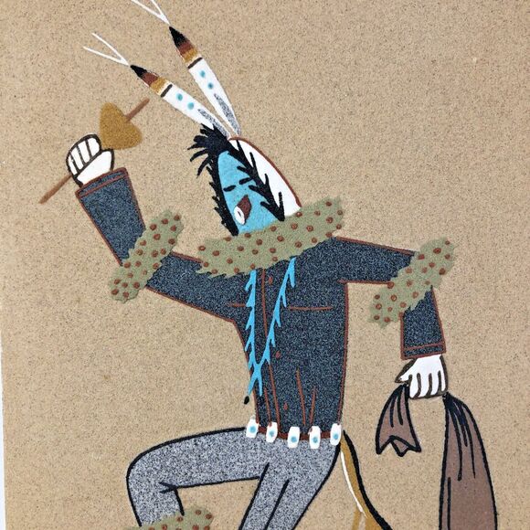 Kachina Sand Wall Art Navajo Native American Painting Panels VTG Set of 2 Signed - Picture 6 of 12